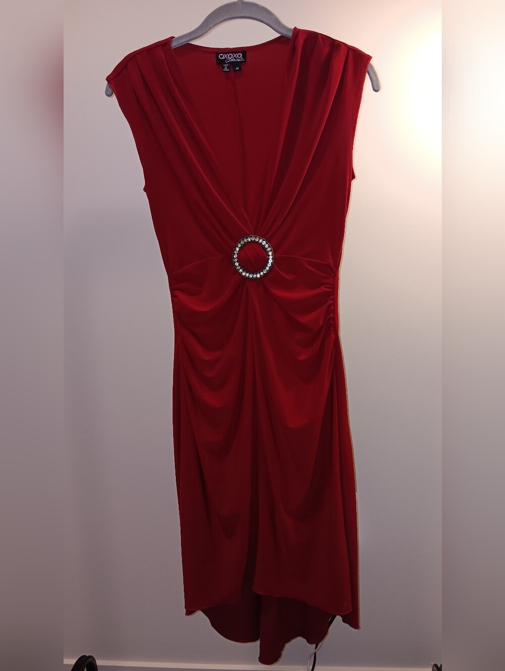 Red Sleeveless Ruched Midi Dress with Rhinestone Ring